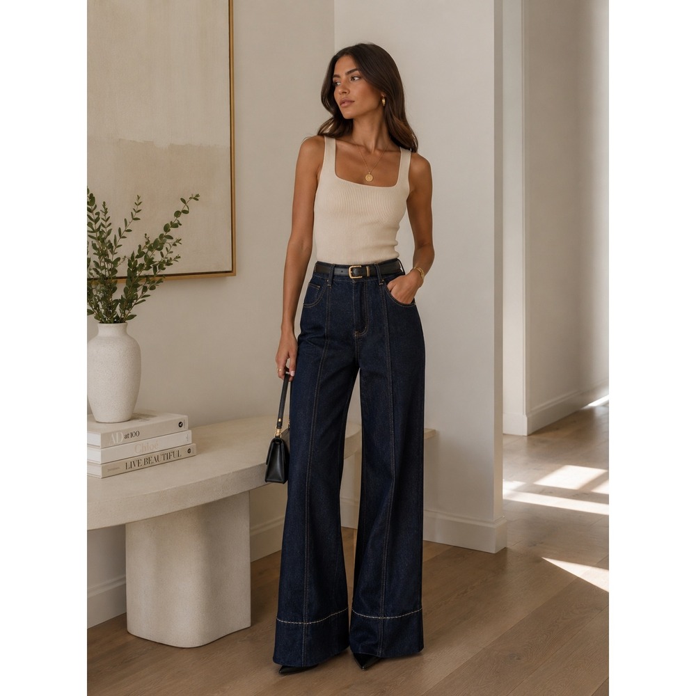 Commense Dark Wash Wide Leg Jeans High Rise Stretch Denim Size M‎